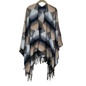 Charlotte Russe Kimono Women OS Black Western Open Neck Tan Tassel Poncho Aztec